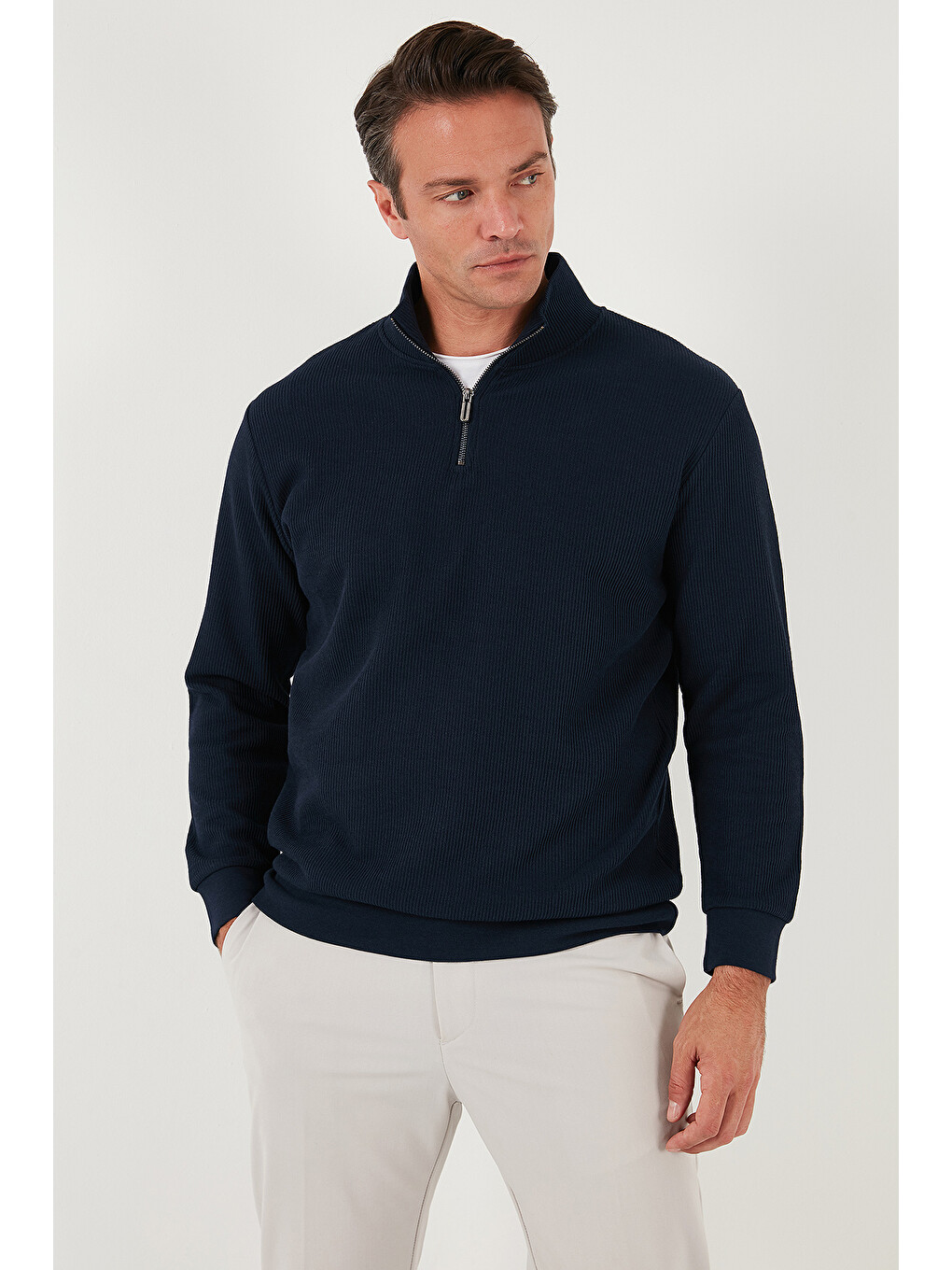 Lacivert Pamuklu Regular Fit Yarım Fermuarlı Dik Yaka Erkek Sweat 5905716-2