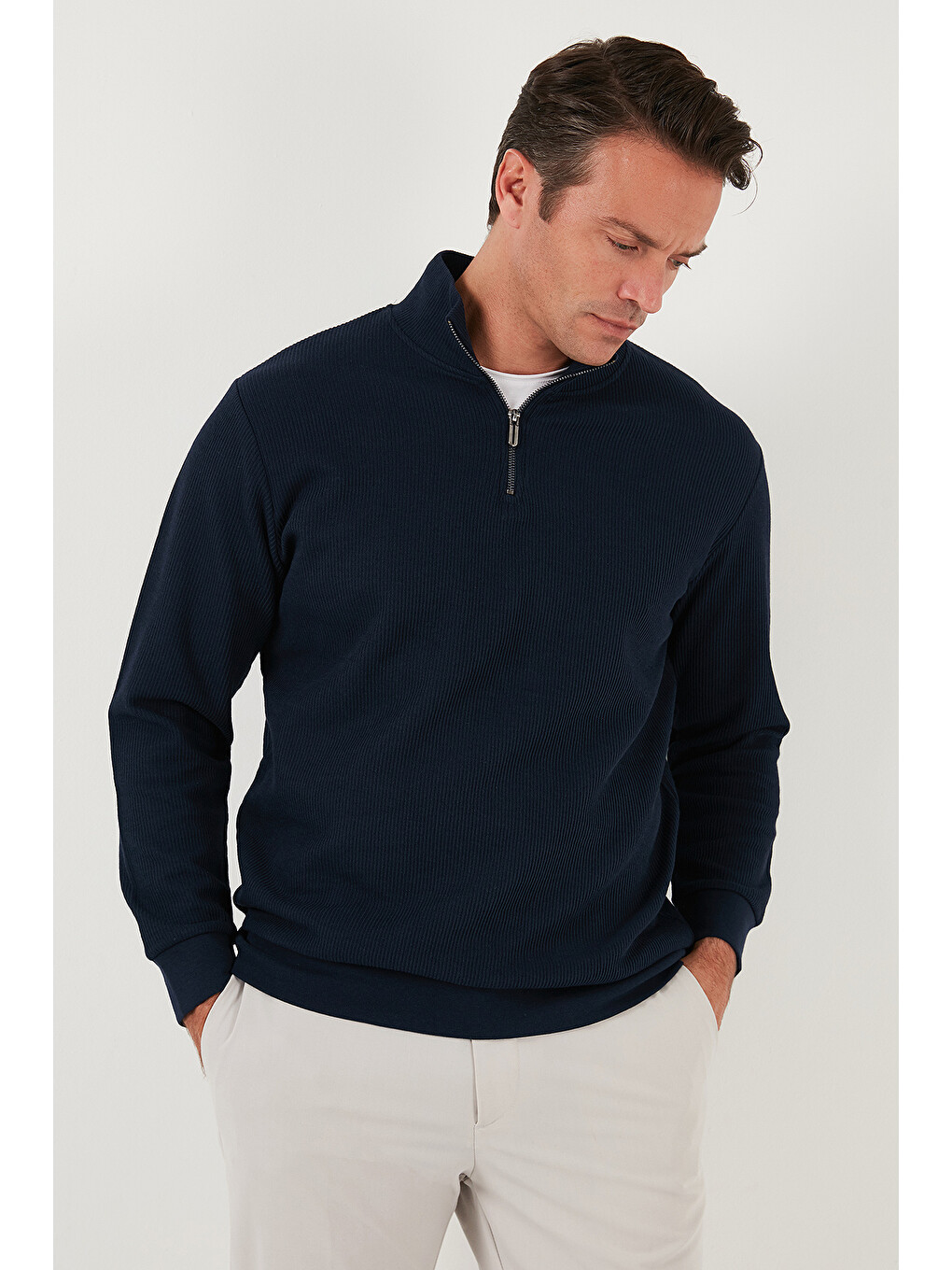 Lacivert Pamuklu Regular Fit Yarım Fermuarlı Dik Yaka Erkek Sweat 5905716-3