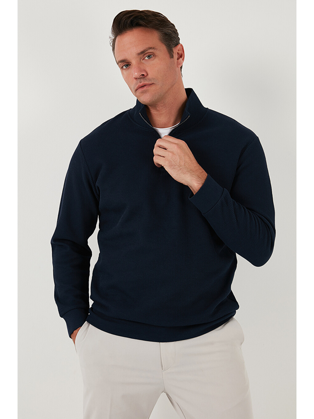 Lacivert Pamuklu Regular Fit Yarım Fermuarlı Dik Yaka Erkek Sweat 5905716-5