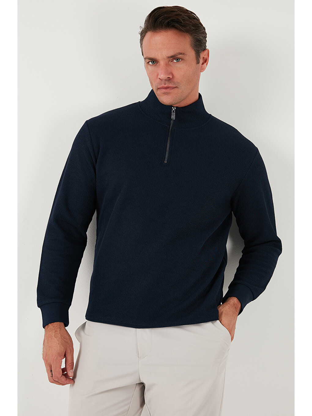 Lacivert Pamuklu Regular Fit Yarım Fermuarlı Dik Yaka Erkek Sweat 5905716-6
