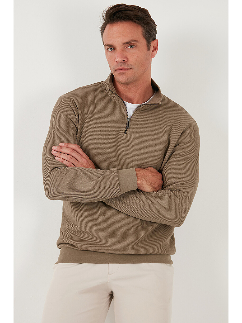 Bej Pamuklu Regular Fit Yarım Fermuarlı Dik Yaka Erkek Sweat 5905716-3