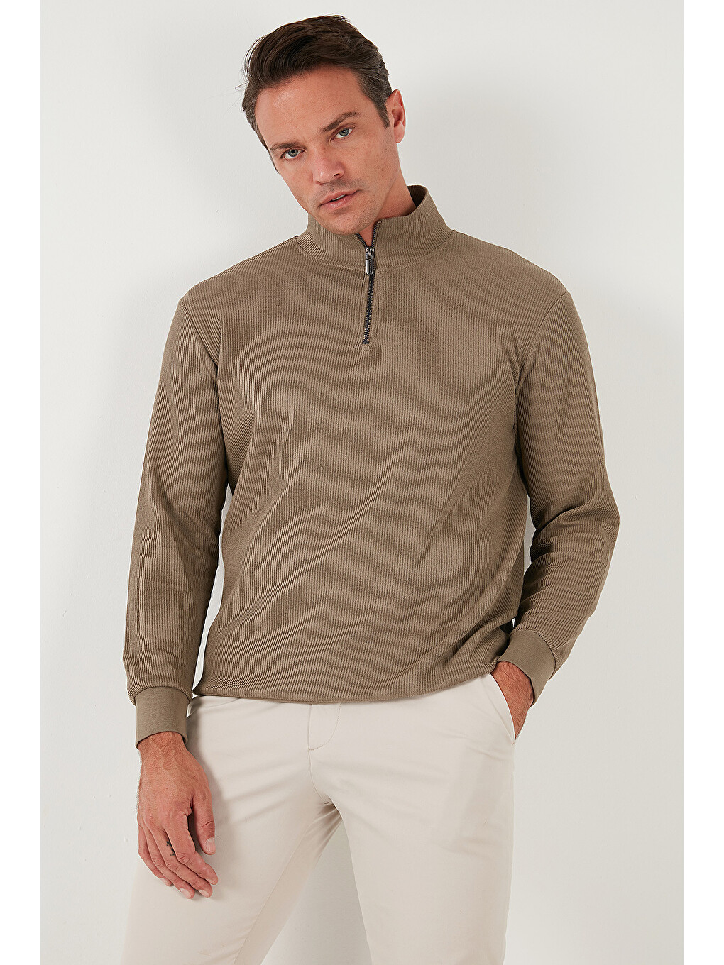 Bej Pamuklu Regular Fit Yarım Fermuarlı Dik Yaka Erkek Sweat 5905716-5
