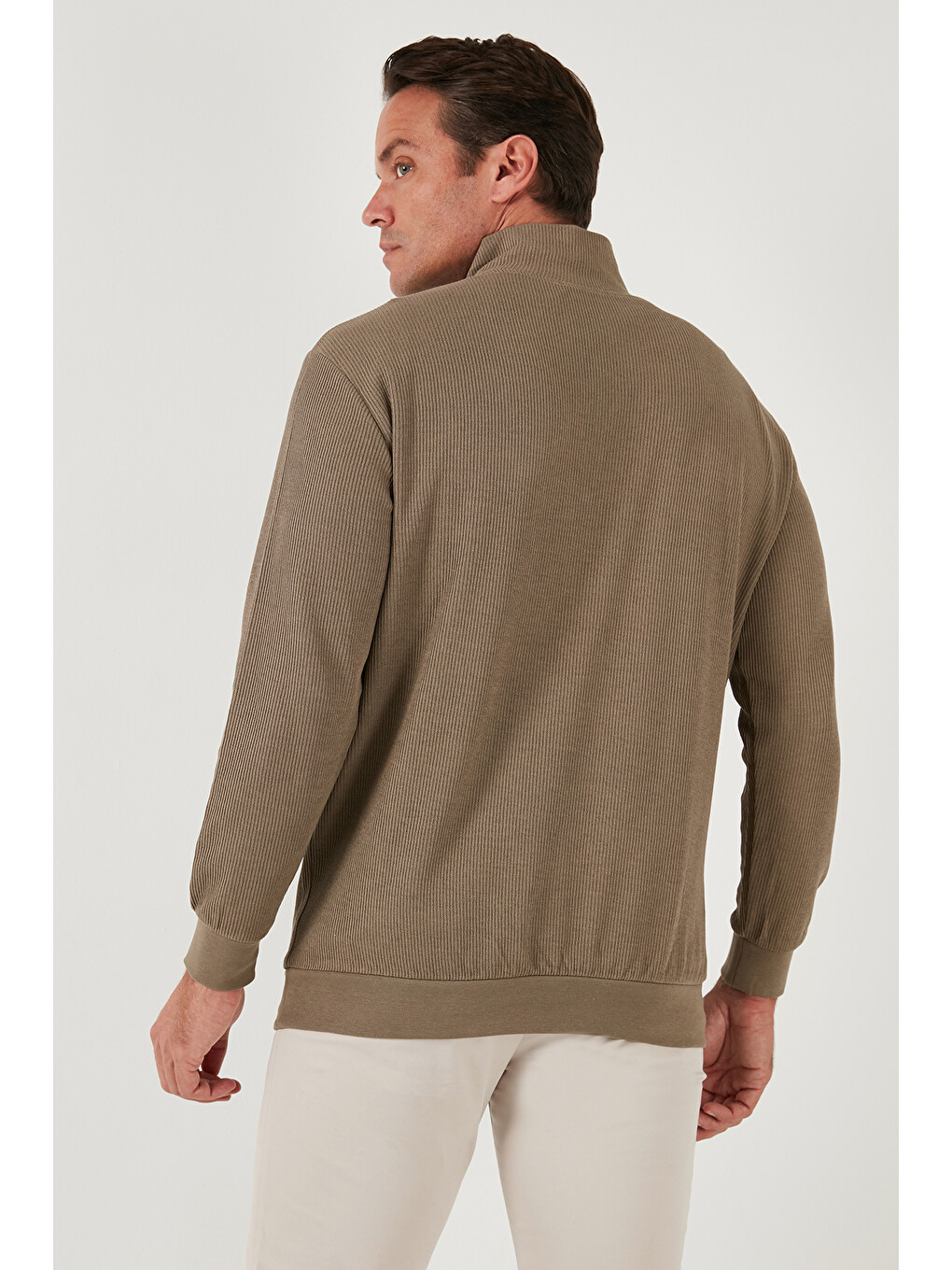 Bej Pamuklu Regular Fit Yarım Fermuarlı Dik Yaka Erkek Sweat 5905716-6
