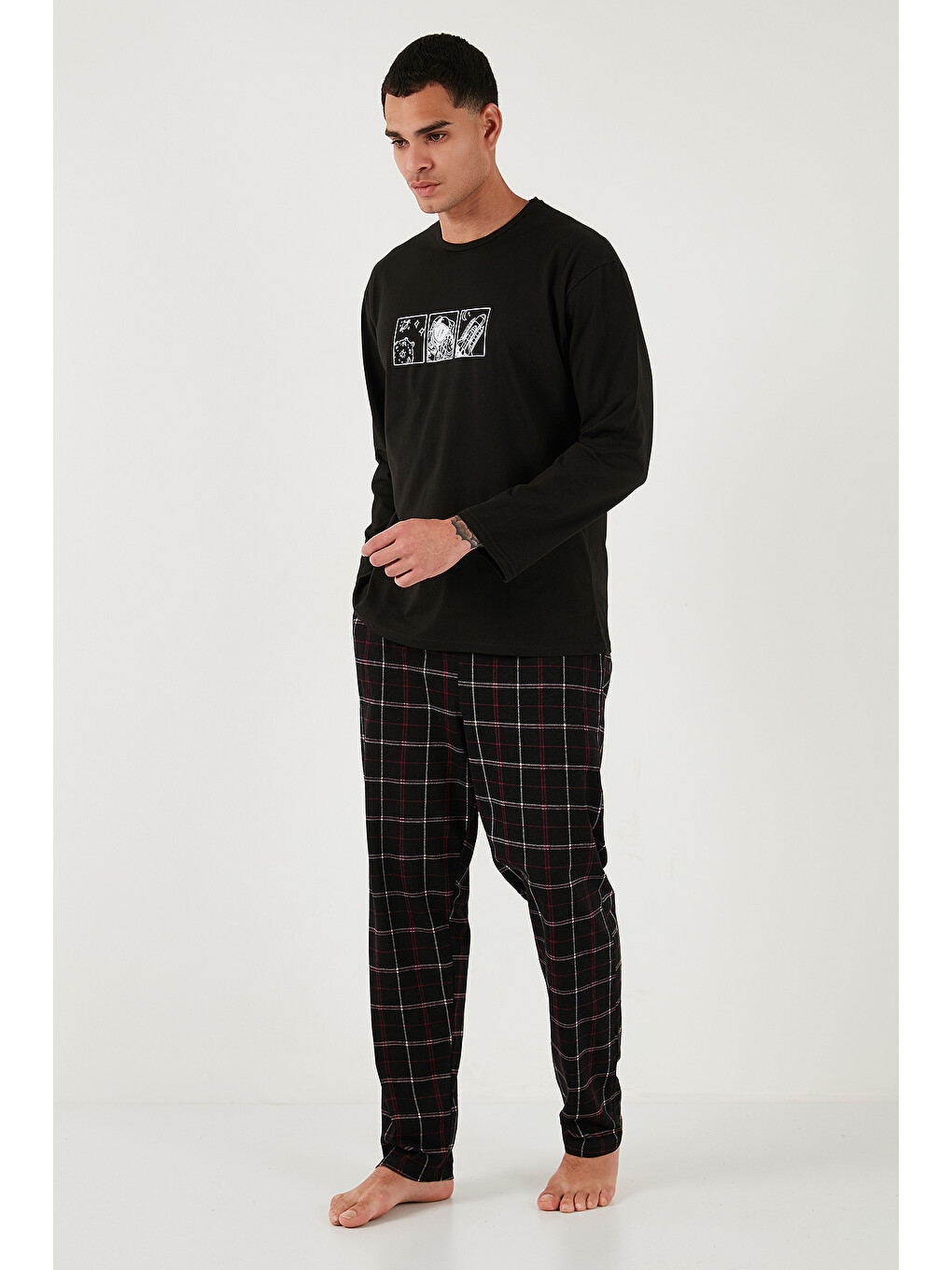 Siyah Ekoseli Pamuklu Regular Fit Yükske Bel Bisiklet Yaka %100 Pamuk Pijama Takımı 6574000-3