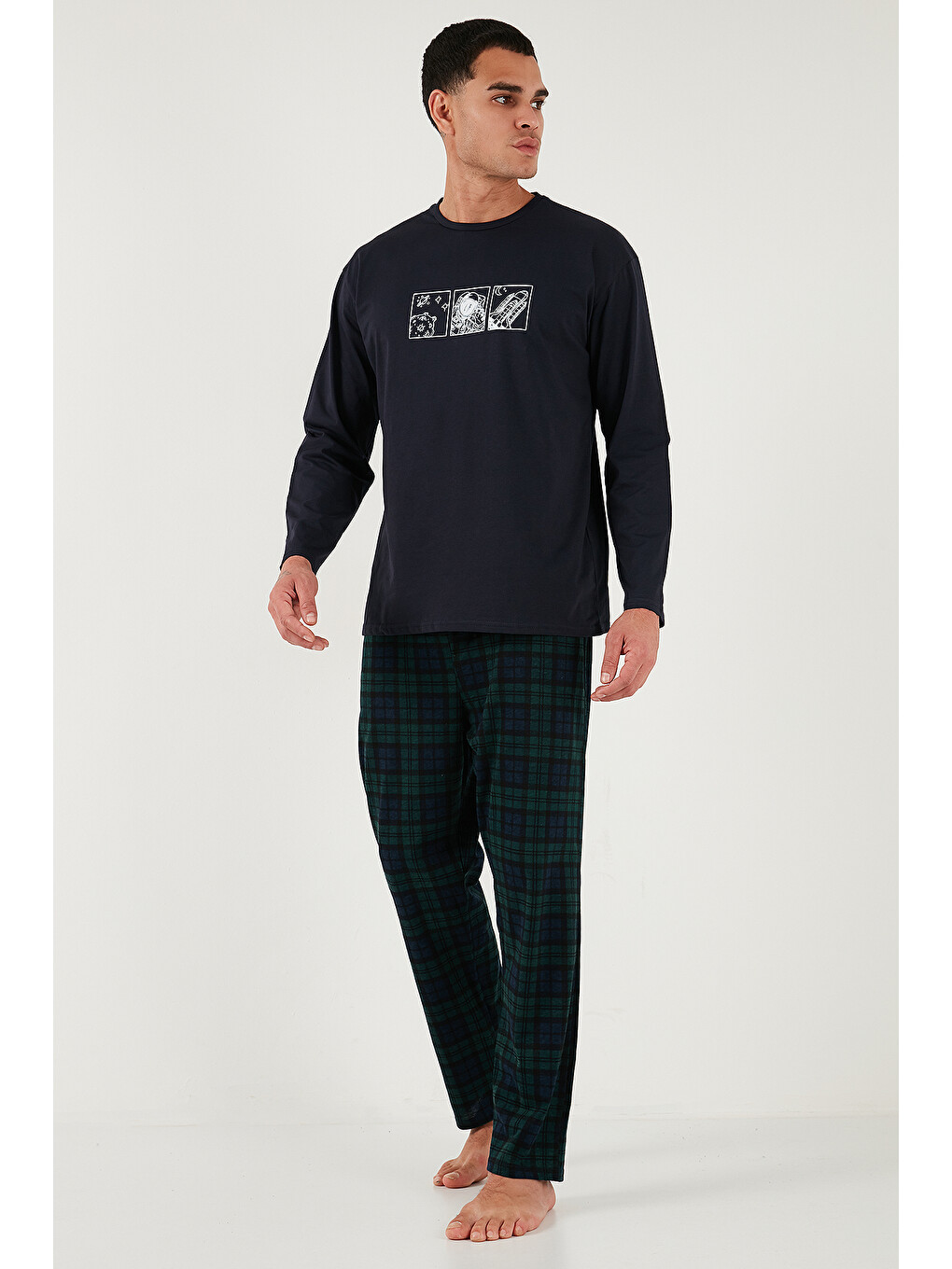 Lacivert Ekoseli Pamuklu Regular Fit Yükske Bel Bisiklet Yaka %100 Pamuk Pijama Takımı 6574000-3