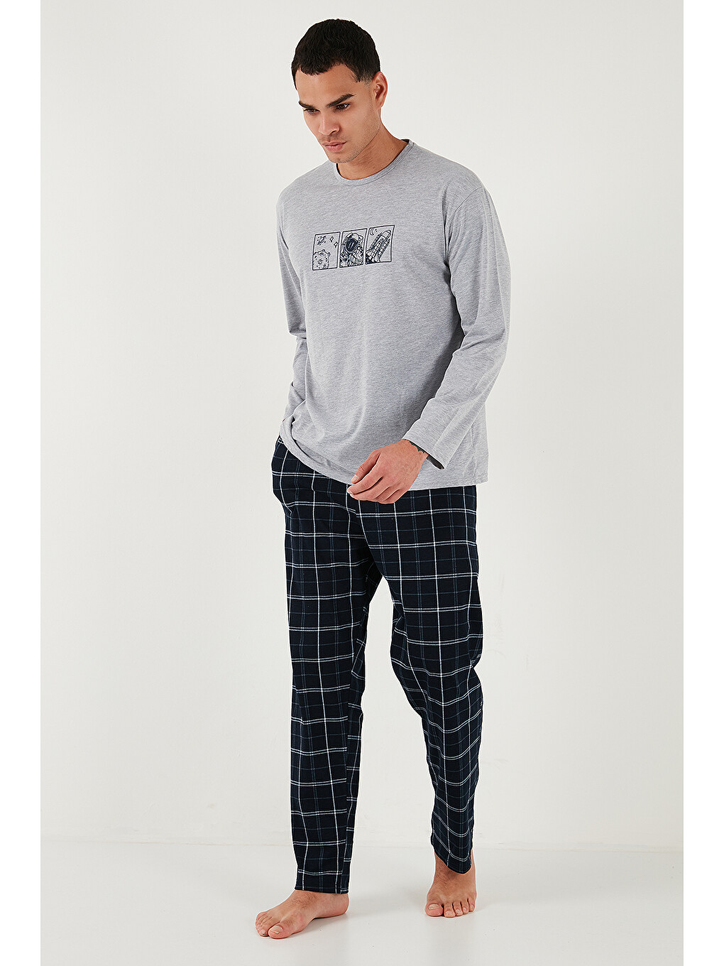 Gri Ekoseli Pamuklu Regular Fit Yükske Bel Bisiklet Yaka %100 Pamuk Pijama Takımı 6574000-3