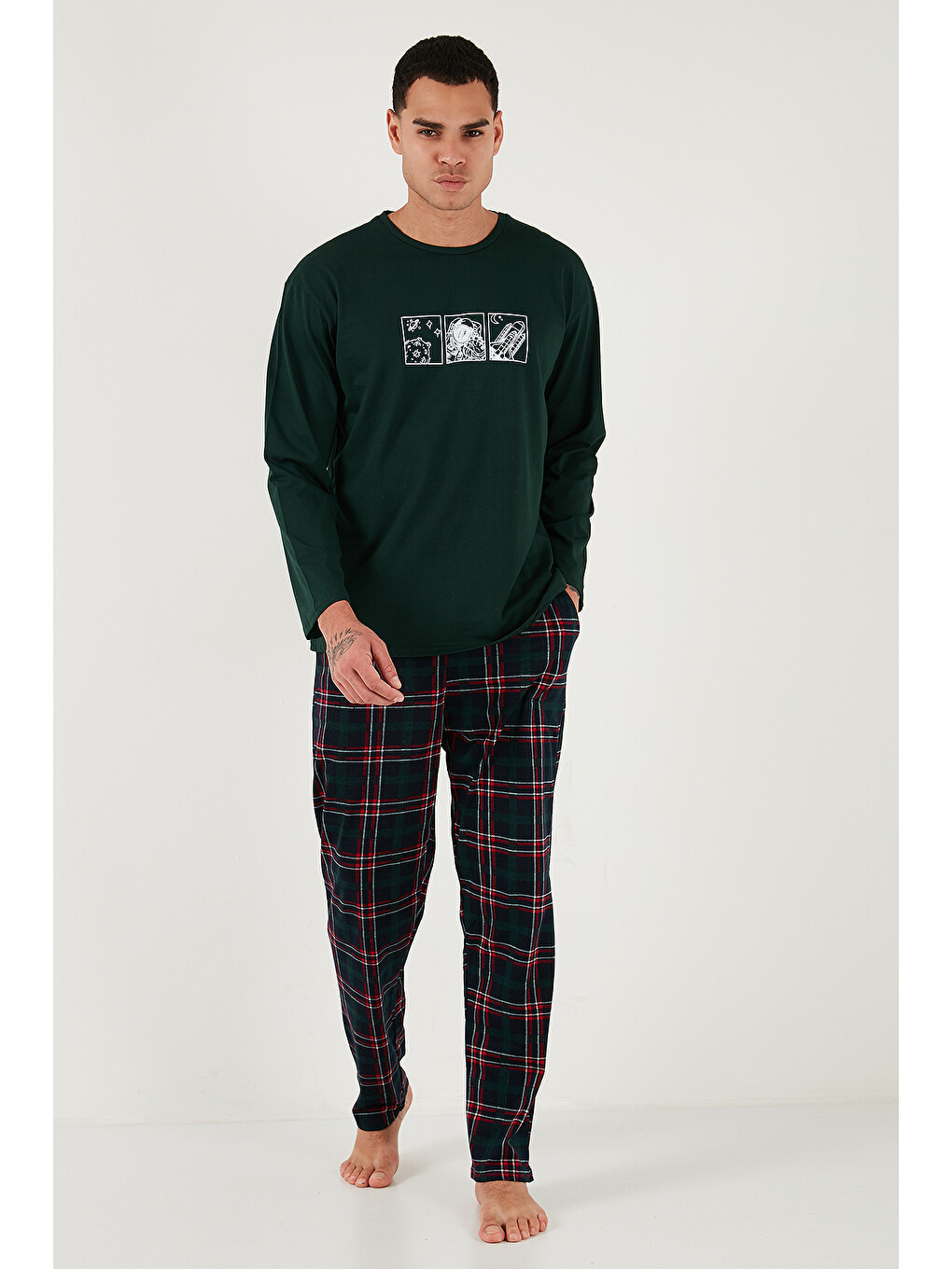 Yeşil Ekoseli Pamuklu Regular Fit Yükske Bel Bisiklet Yaka %100 Pamuk Pijama Takımı 6574000-1