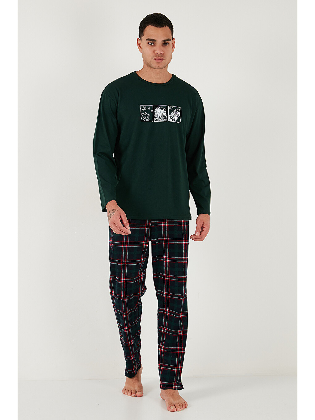 Yeşil Ekoseli Pamuklu Regular Fit Yükske Bel Bisiklet Yaka %100 Pamuk Pijama Takımı 6574000-3