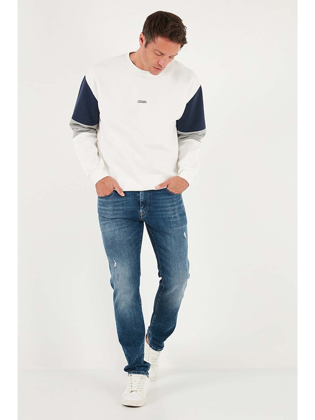 Ekru Pamuklu Relaxed Fit Bisiklet Yaka Şardonlu Renk Bloklu Sweat 5905298T-1