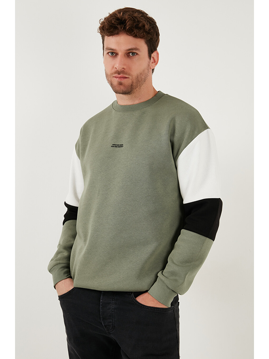 Haki Pamuklu Relaxed Fit Bisiklet Yaka Şardonlu Renk Bloklu Sweat 5905298T-5