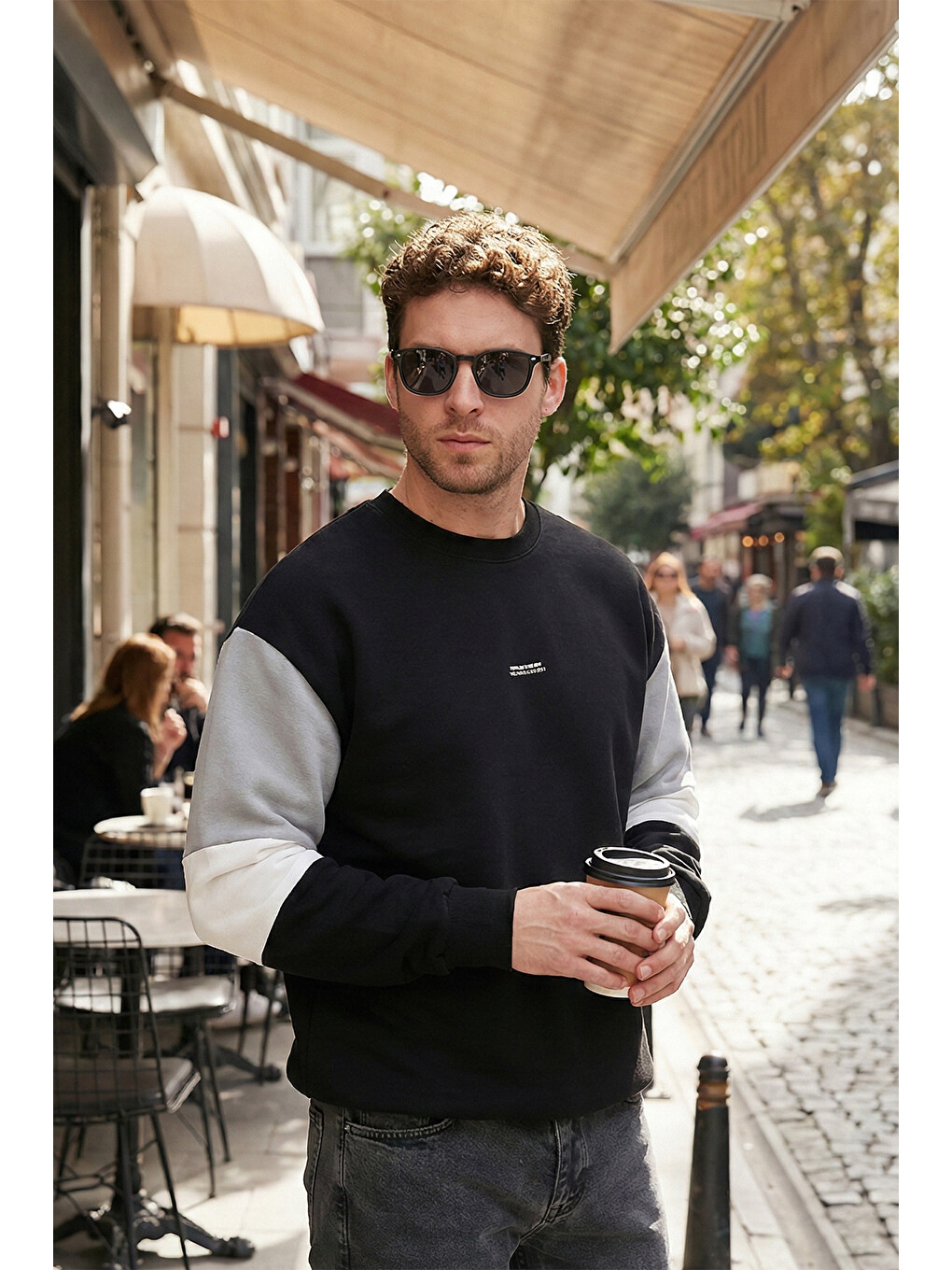 Siyah Pamuklu Relaxed Fit Bisiklet Yaka Şardonlu Renk Bloklu Sweat 5905298T