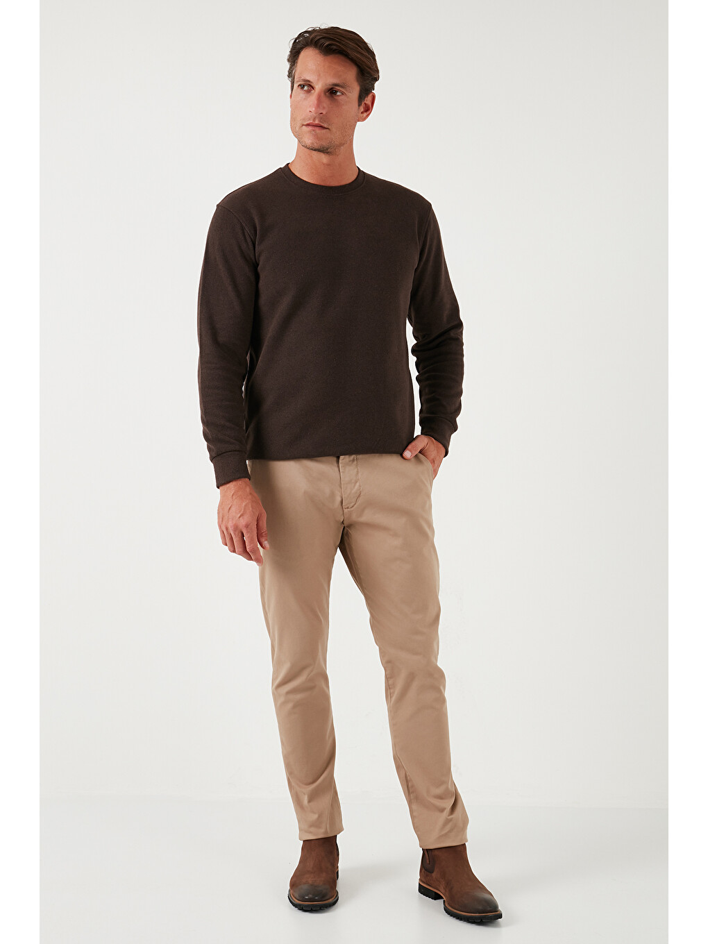 Kahverengi Slim Fit Bisiklet Yaka Pamuklu Erkek Büyük Beden Kazak 456201-2