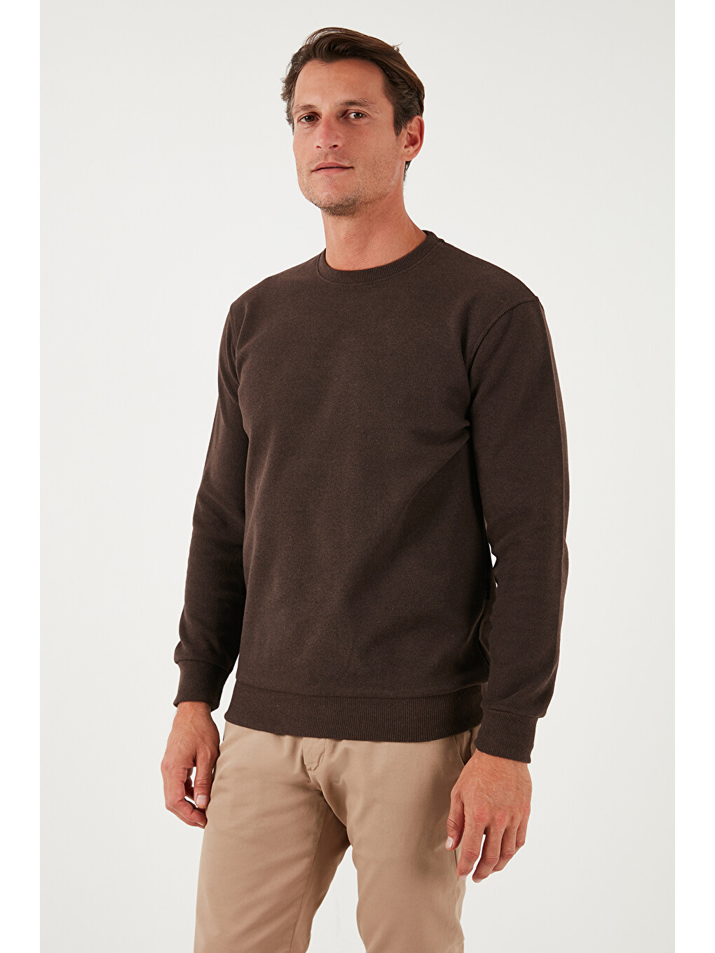 Kahverengi Slim Fit Bisiklet Yaka Pamuklu Erkek Büyük Beden Kazak 456201-4
