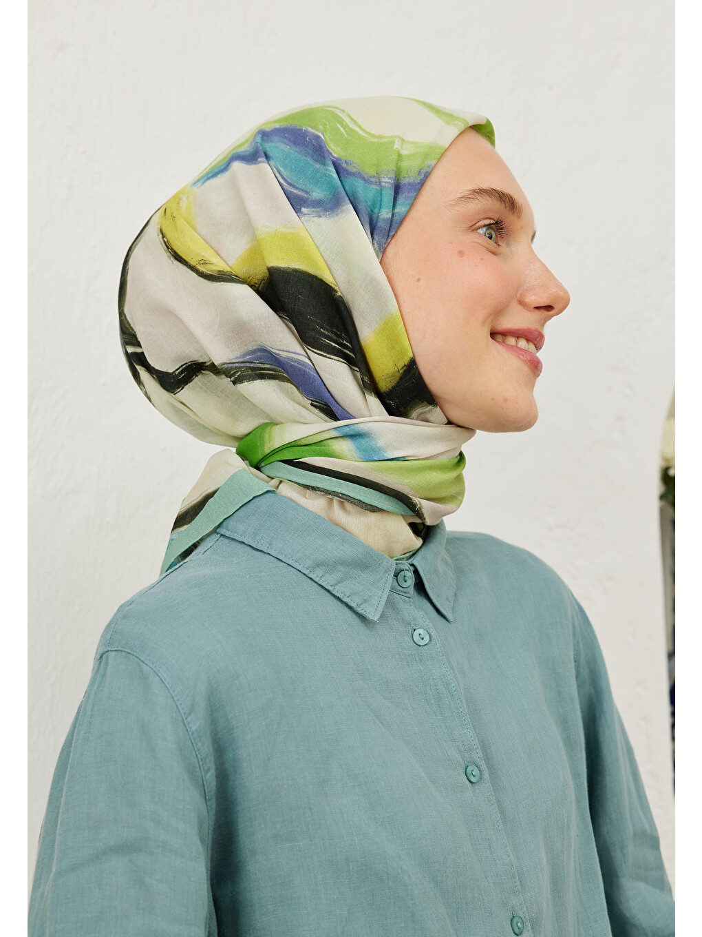 Yeşil Colour Waves Desen Pamuk Vual Eşarp Mint-2