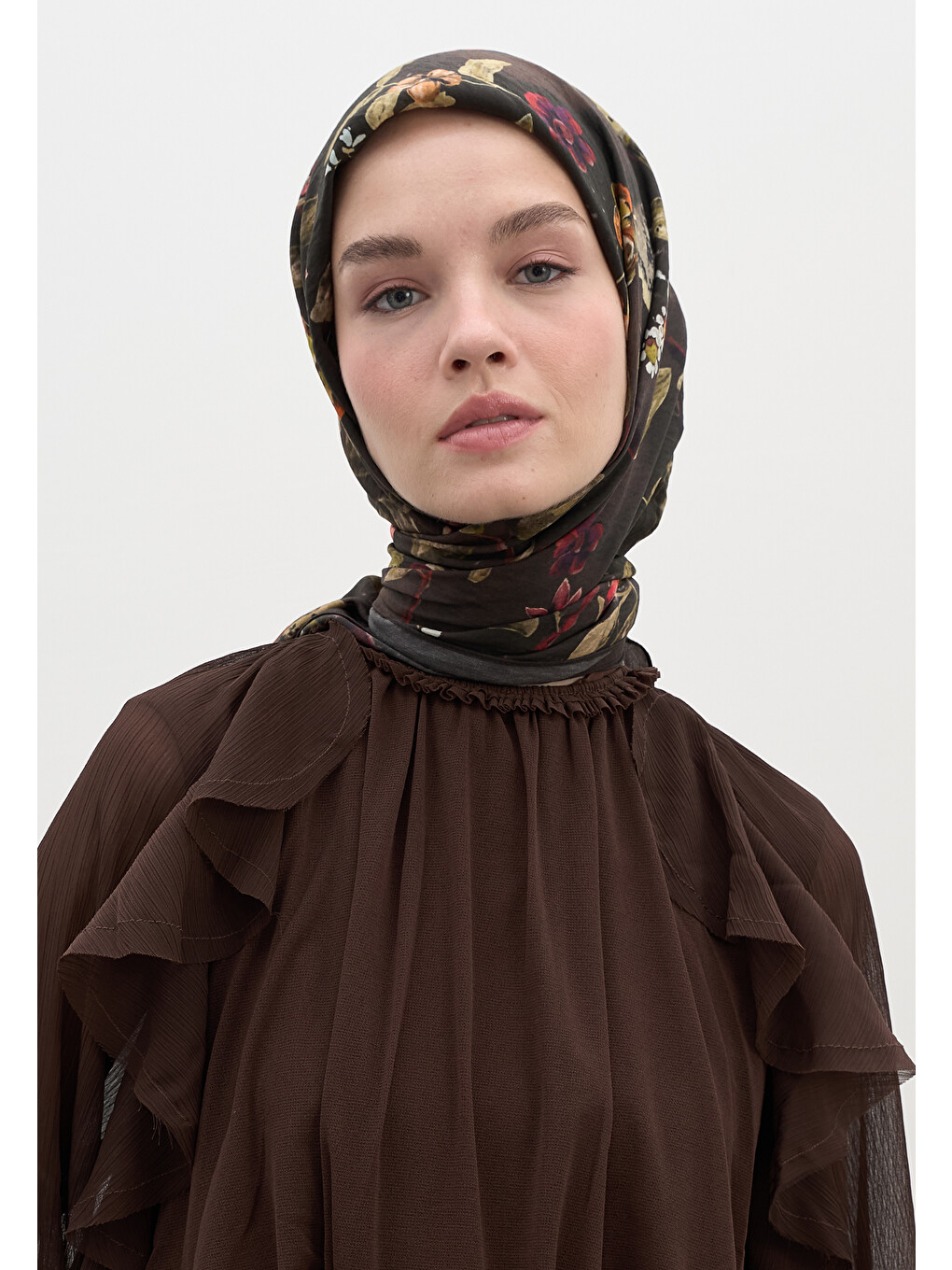 Kahverengi Flower Rain Desen Pamuklu Viskon Eşarp Acı Kahve-1