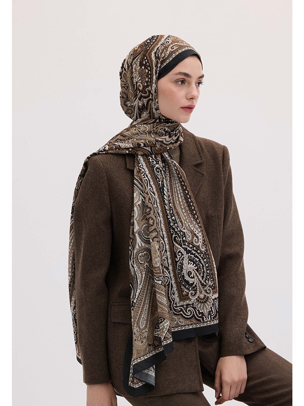Kahverengi Etnıc Floral Desen Şal Toprak-1