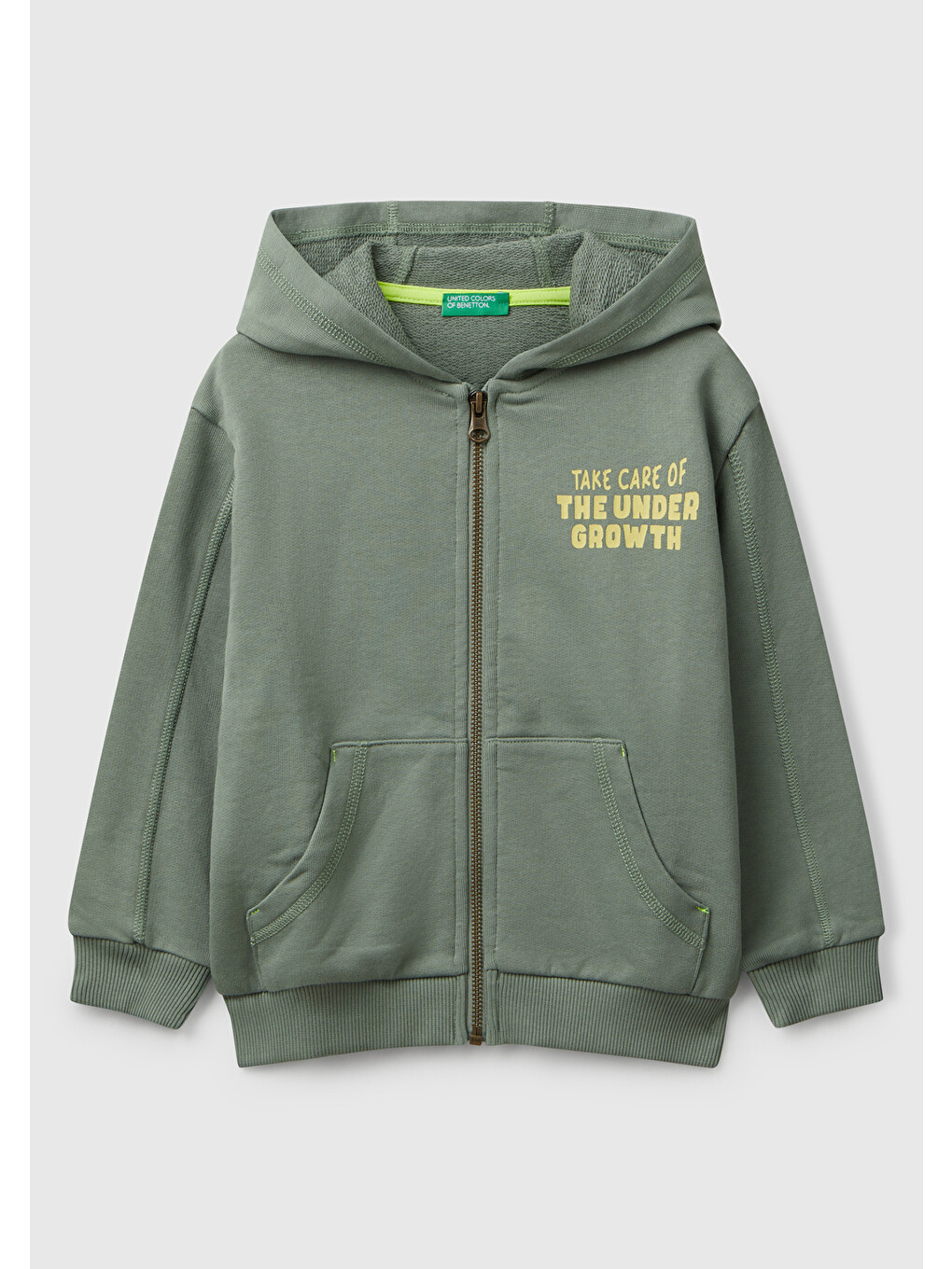 Erkek Çocuk Haki Baskılı Fermuarlı Kapüşonlu Relaxed Fit Sweatshirt