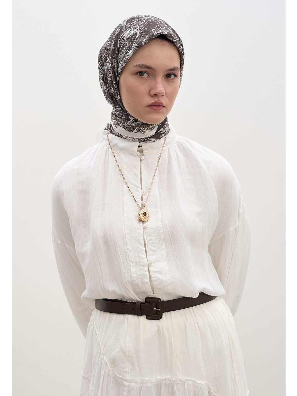 Secret Elegance Desen Pamuklu Viskon Eşarp Antrasit-7