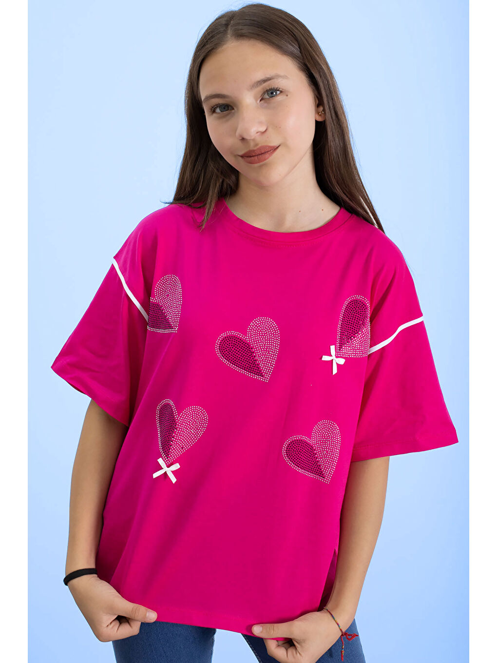 Fuşya Kolu Şerit Detaylı Payetli Kız Çocuk Oversize Tişört 20811-1
