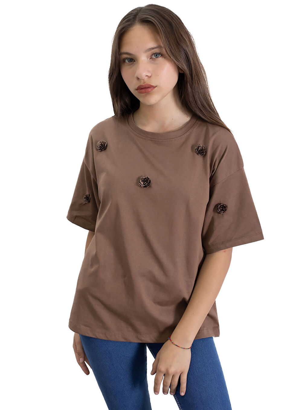 Siyah Kahve Gül Nakış Detaylı Kısa Kol Kız Çocuk Oversize Tişört 20808