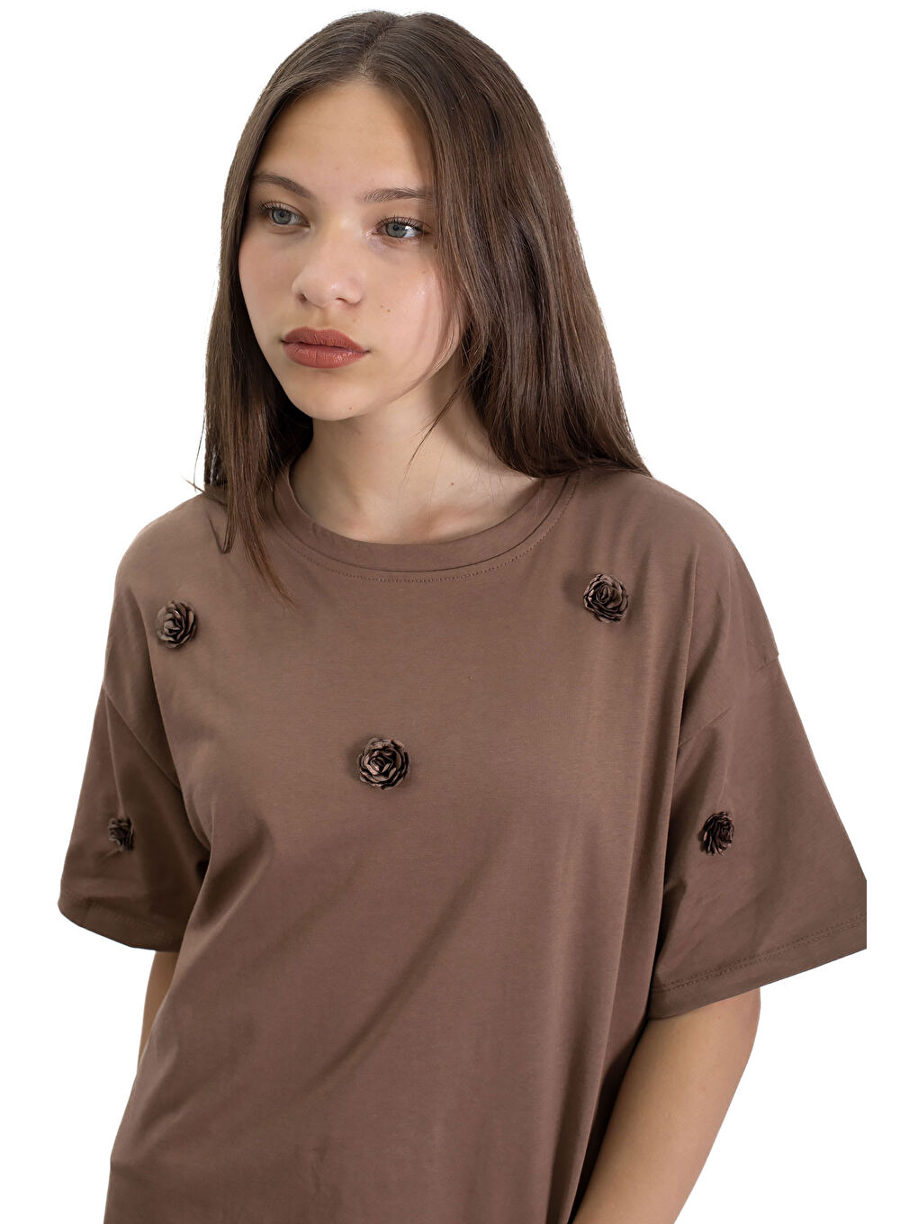 Siyah Kahve Gül Nakış Detaylı Kısa Kol Kız Çocuk Oversize Tişört 20808-1
