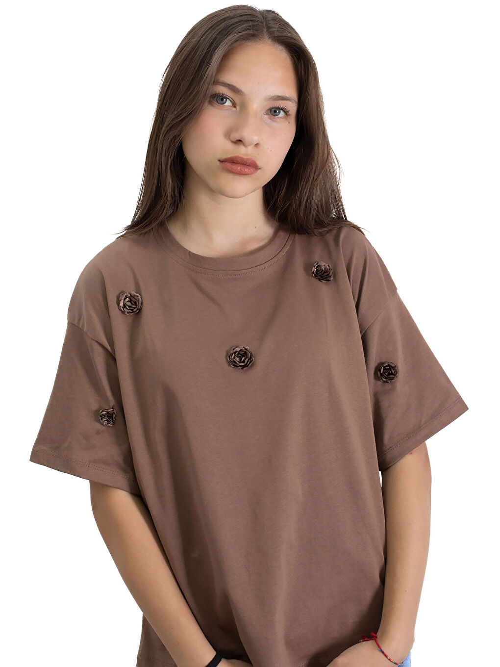 Siyah Kahve Gül Nakış Detaylı Kısa Kol Kız Çocuk Oversize Tişört 20808-2