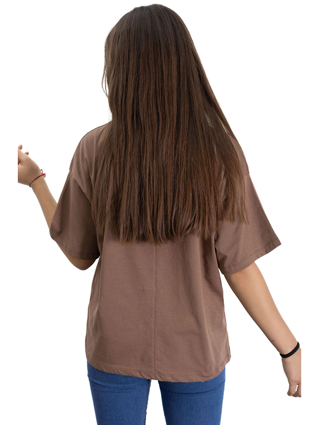 Siyah Kahve Gül Nakış Detaylı Kısa Kol Kız Çocuk Oversize Tişört 20808-3