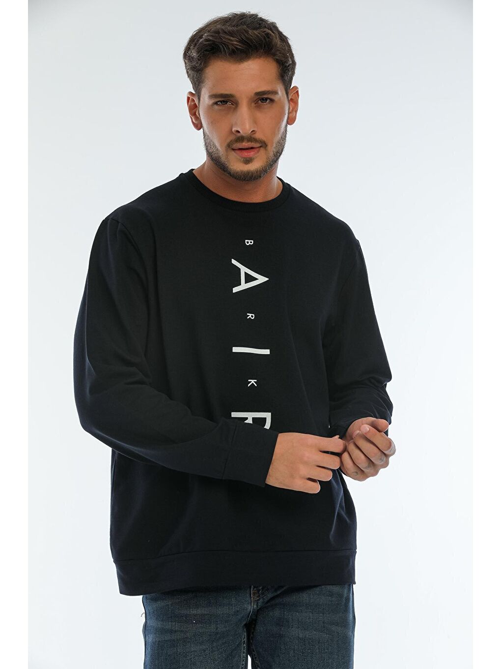 Süperlife Lacivert Erkek Bisiklet Yaka Regular Fit Air Baskılı İnce Sweatshirt SPR22SW131