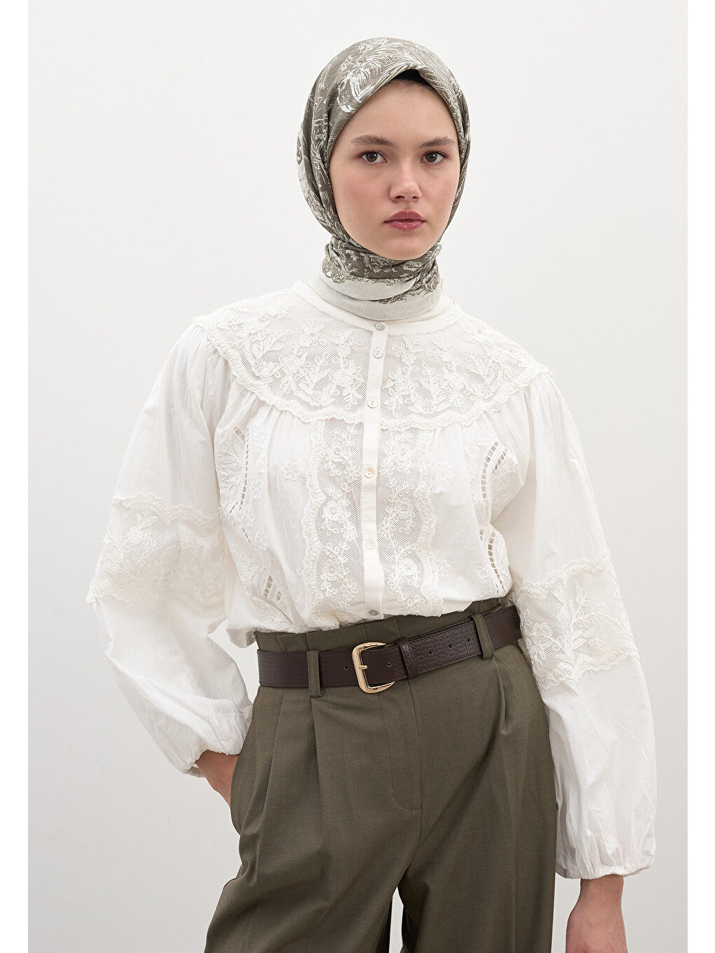 Secret Elegance Desen Pamuklu Viskon Eşarp Haki-5