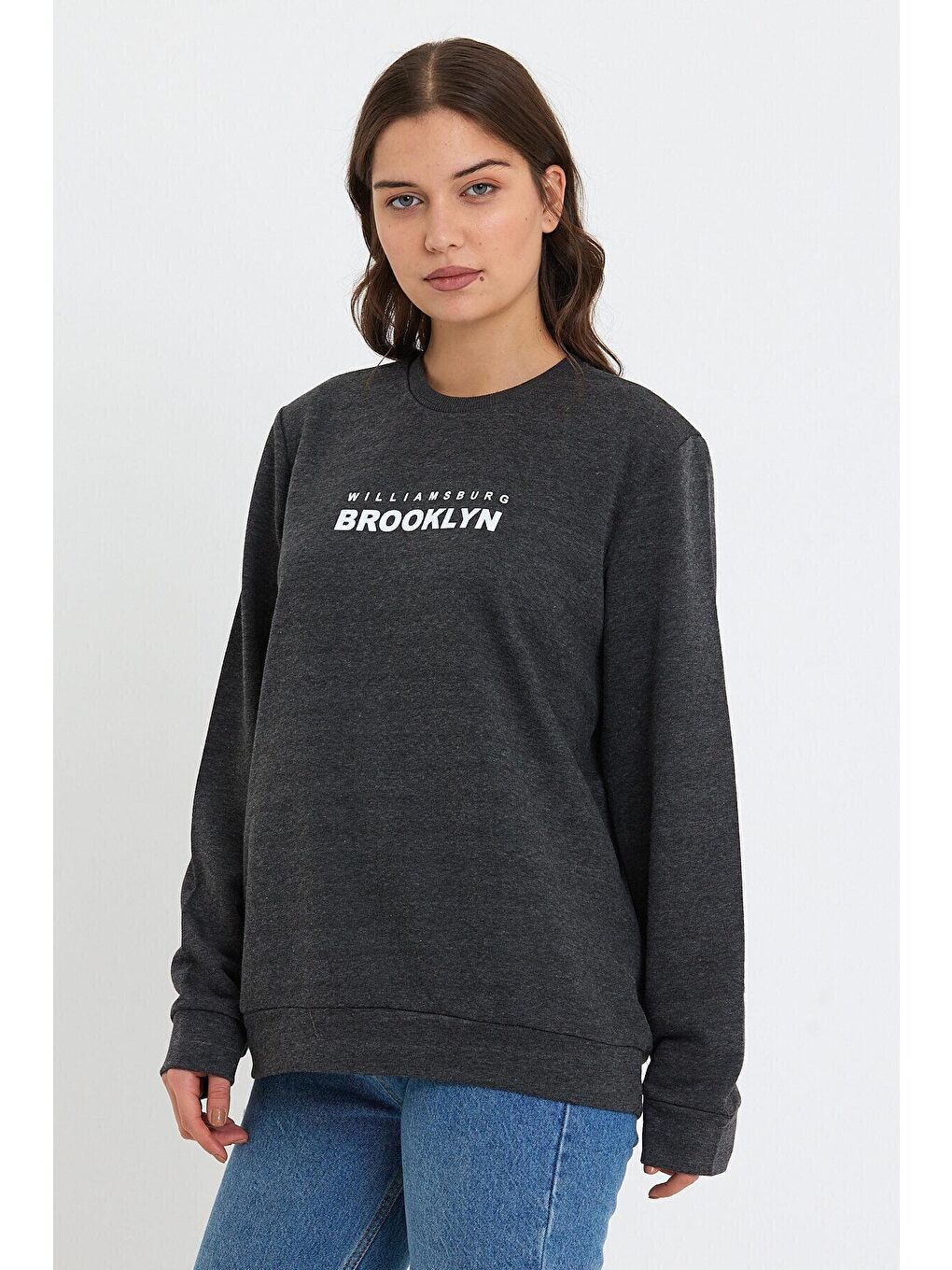 Süperlife Antrasit Kadın Bisiklet Yaka Oversize Fit Brooklyn Baskılı İnce Sweatshirt SPR23SWK330