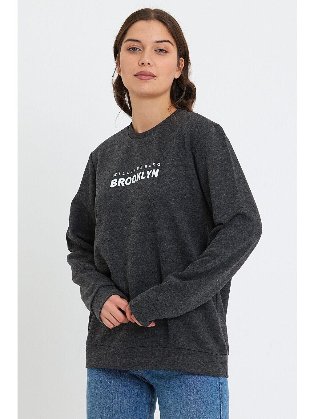 Süperlife Antrasit Kadın Bisiklet Yaka Oversize Fit Brooklyn Baskılı İnce Sweatshirt SPR23SWK330 - 1