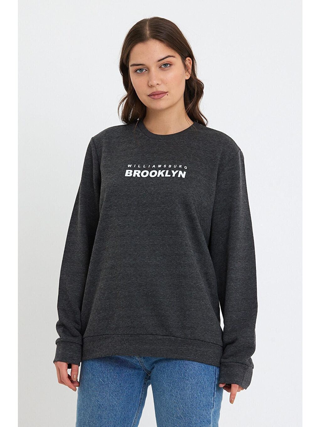 Süperlife Antrasit Kadın Bisiklet Yaka Oversize Fit Brooklyn Baskılı İnce Sweatshirt SPR23SWK330 - 3