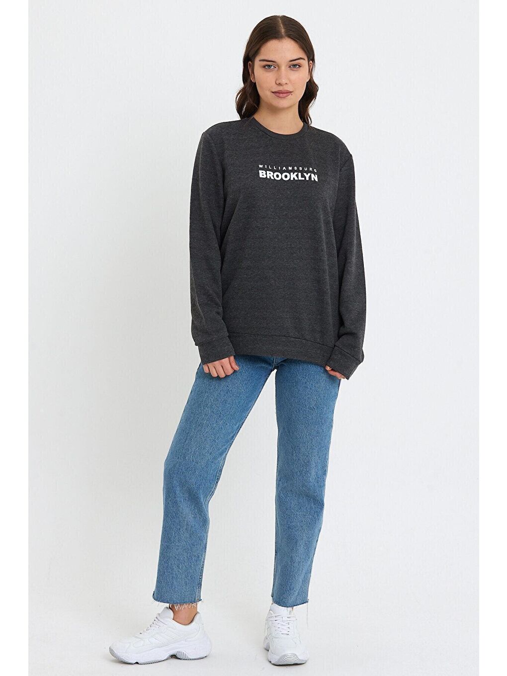 Süperlife Antrasit Kadın Bisiklet Yaka Oversize Fit Brooklyn Baskılı İnce Sweatshirt SPR23SWK330 - 4