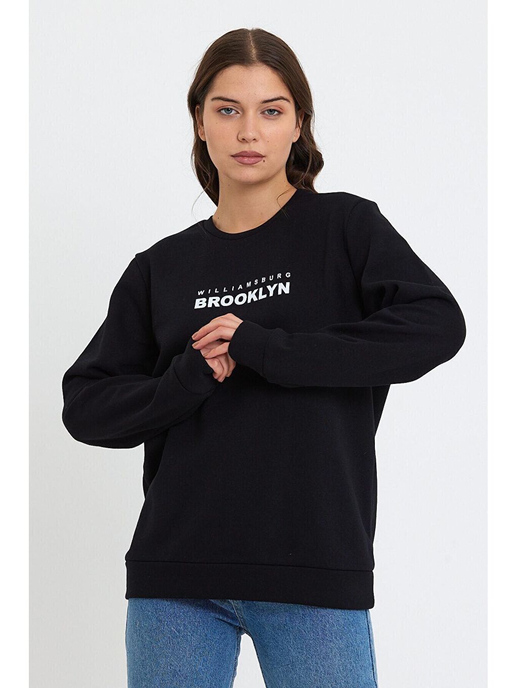 Süperlife Siyah Kadın Bisiklet Yaka Oversize Fit Brooklyn Baskılı İnce Sweatshirt SPR23SWK330 - 1