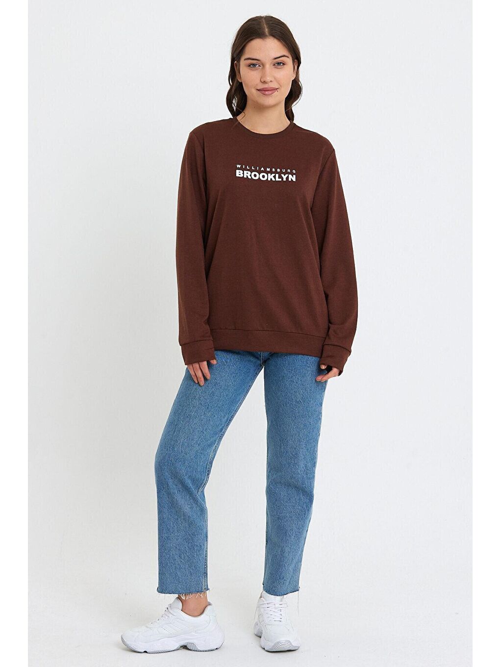 Süperlife Kahverengi Kadın Bisiklet Yaka Oversize Fit Brooklyn Baskılı İnce Sweatshirt SPR23SWK330