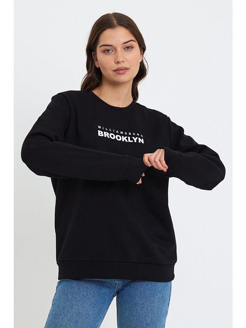 Süperlife Siyah Kadın Bisiklet Yaka Oversize Fit Brooklyn Baskılı İnce Sweatshirt SPR23SWK330 - 4