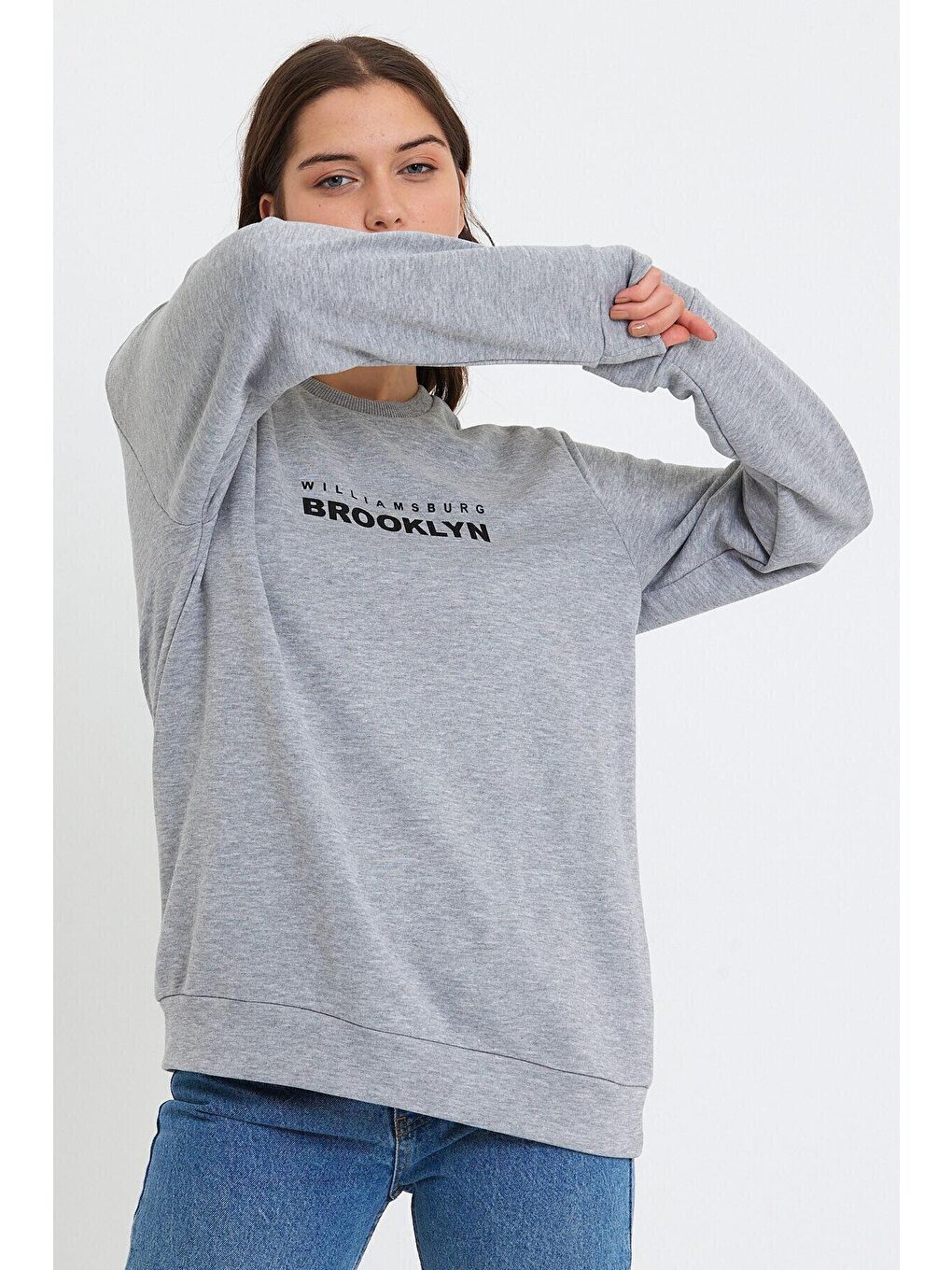 Süperlife Gri Kadın Bisiklet Yaka Oversize Fit Brooklyn Baskılı İnce Sweatshirt SPR23SWK330 - 2