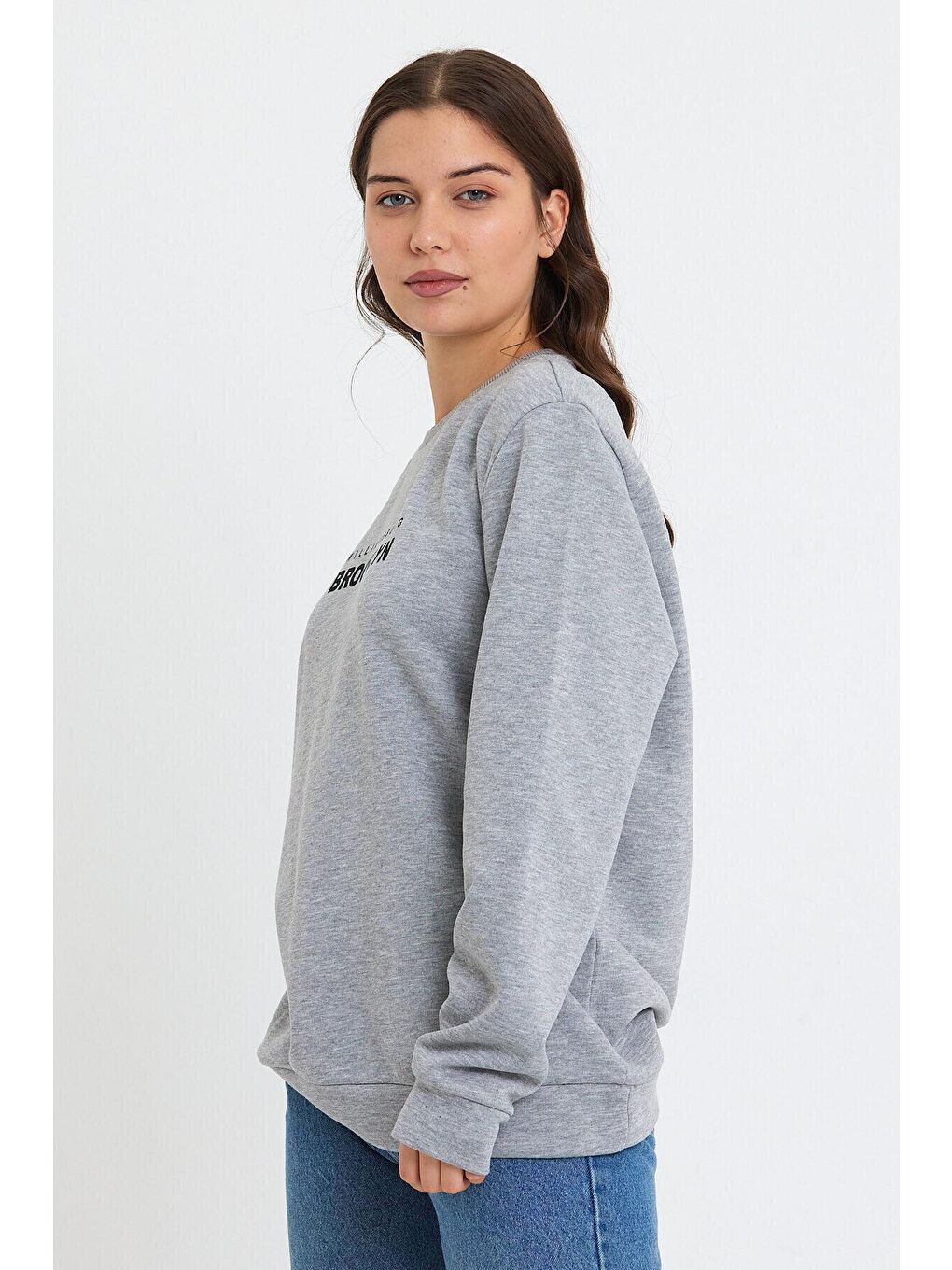 Süperlife Gri Kadın Bisiklet Yaka Oversize Fit Brooklyn Baskılı İnce Sweatshirt SPR23SWK330 - 3