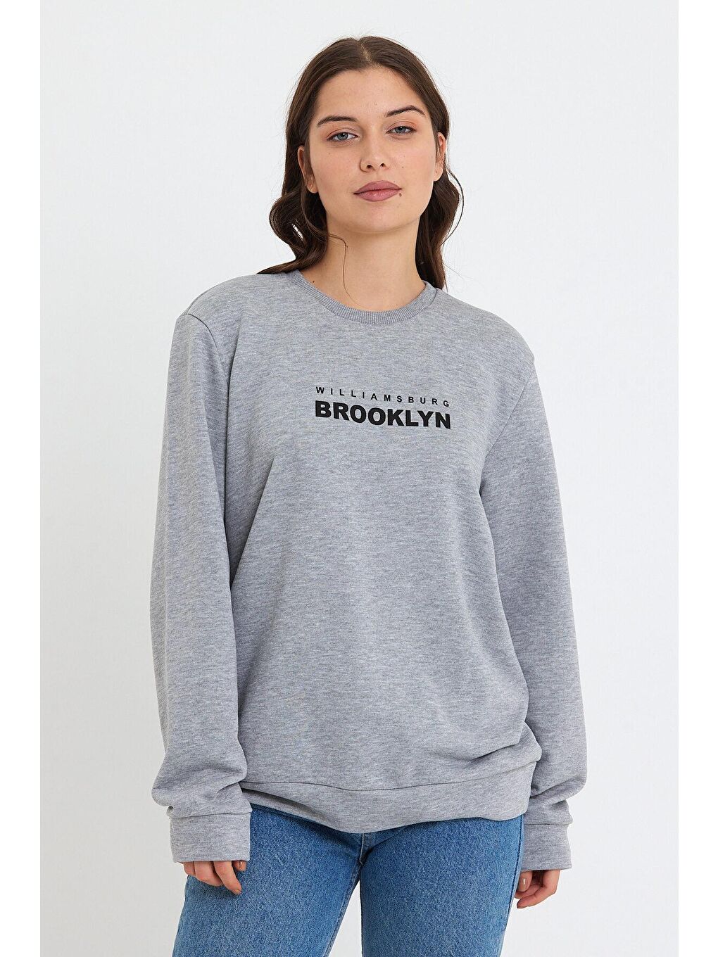 Süperlife Gri Kadın Bisiklet Yaka Oversize Fit Brooklyn Baskılı İnce Sweatshirt SPR23SWK330 - 4