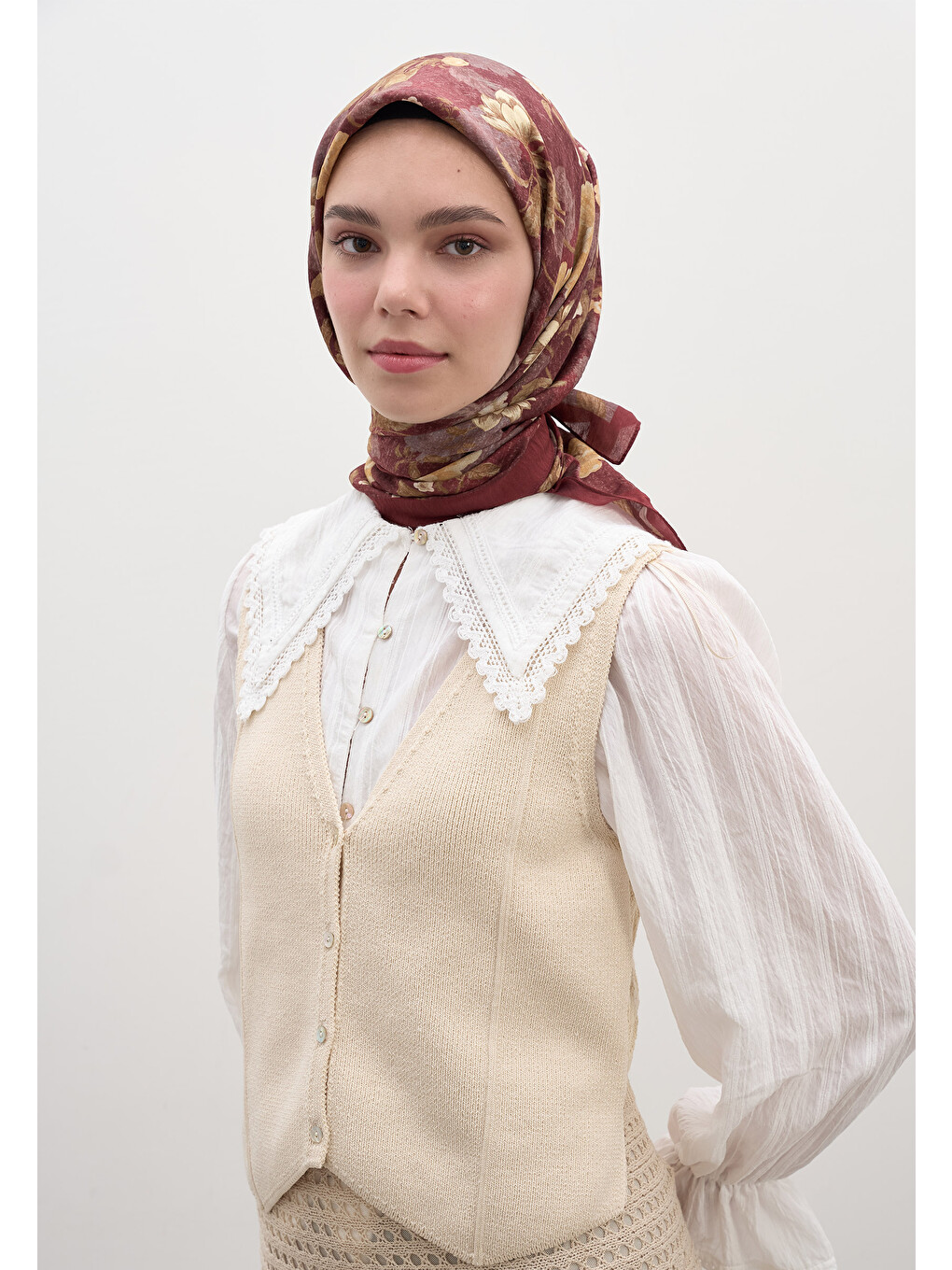 Reverıe Desen Pamuklu Viskon Eşarp Bordo-4