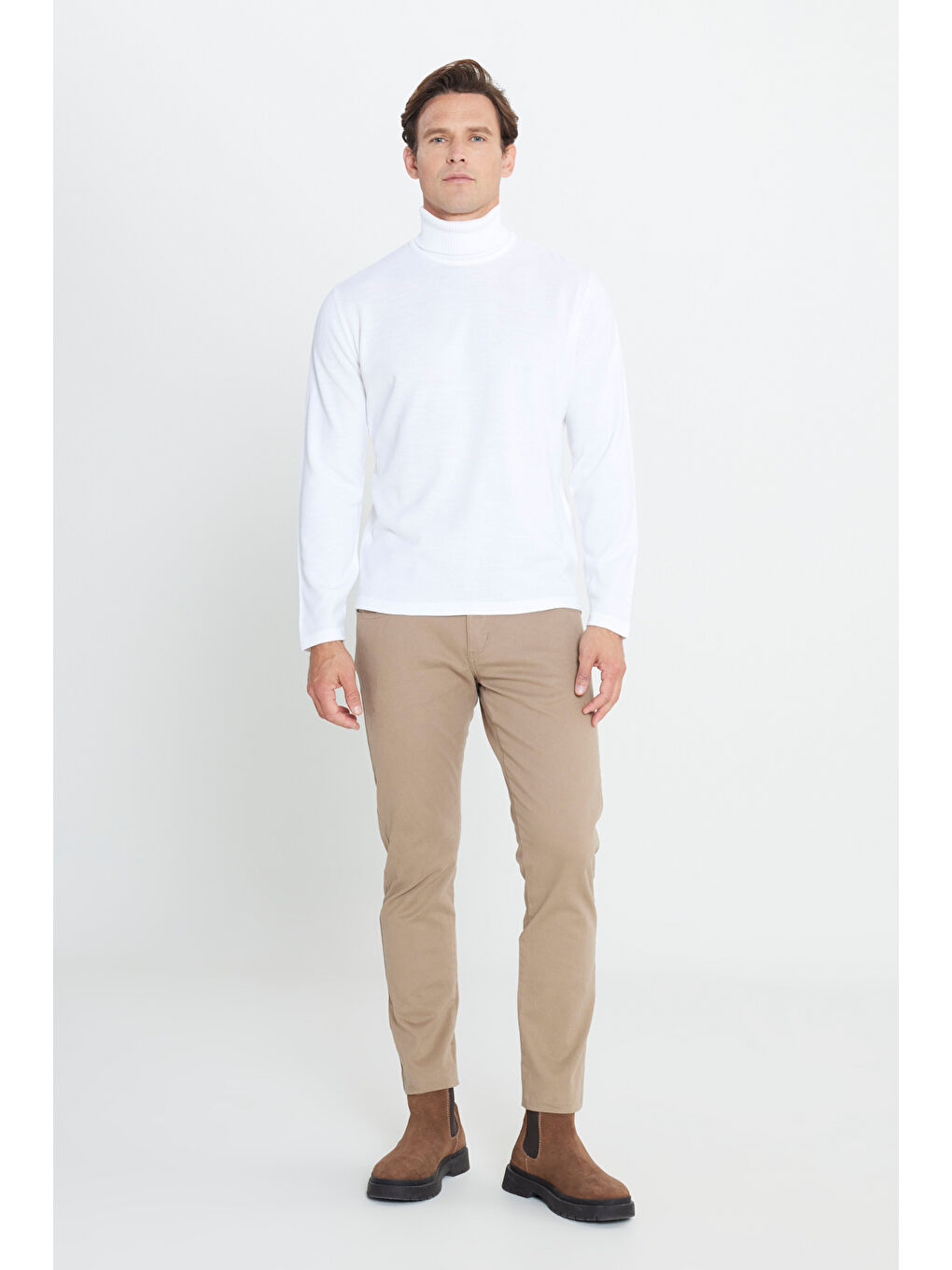 Erkek Ekru Standart Fit Normal Kesim Tam Balıkçı Yaka Triko Kazak-1