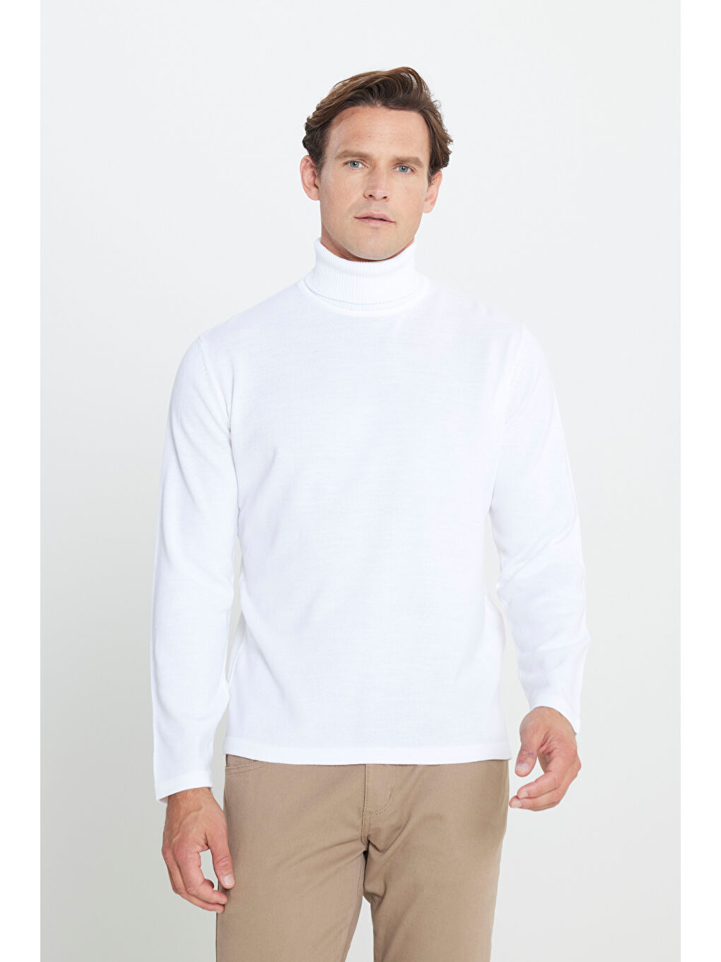 Erkek Ekru Standart Fit Normal Kesim Tam Balıkçı Yaka Triko Kazak-2