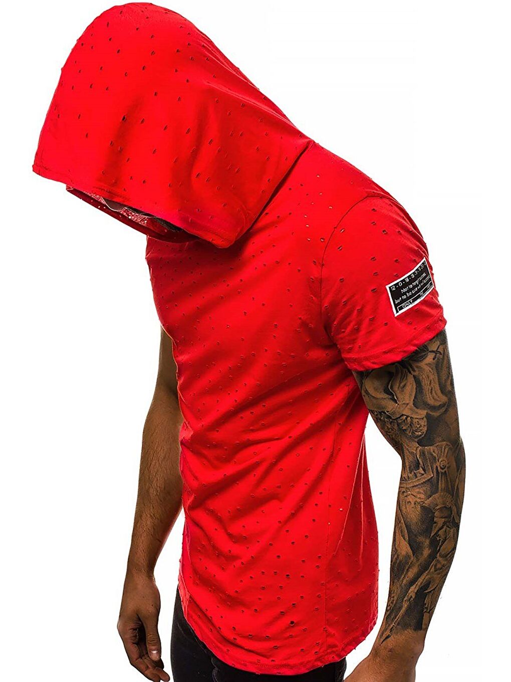 Yırtık Detaylı Kırmızı Kapüşonlu %100 Pamuk Tişört 3069