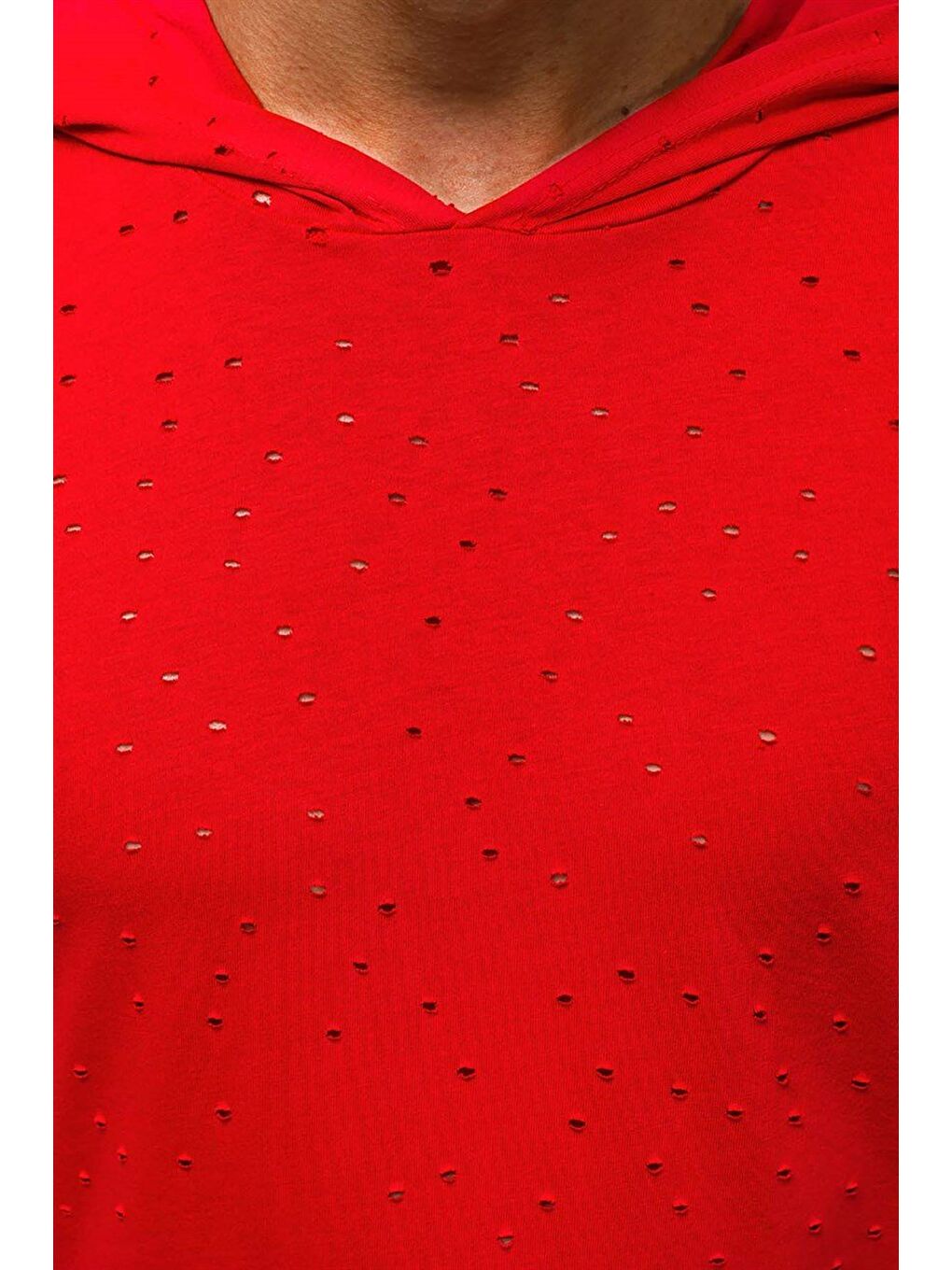 Yırtık Detaylı Kırmızı Kapüşonlu %100 Pamuk Tişört 3069-2