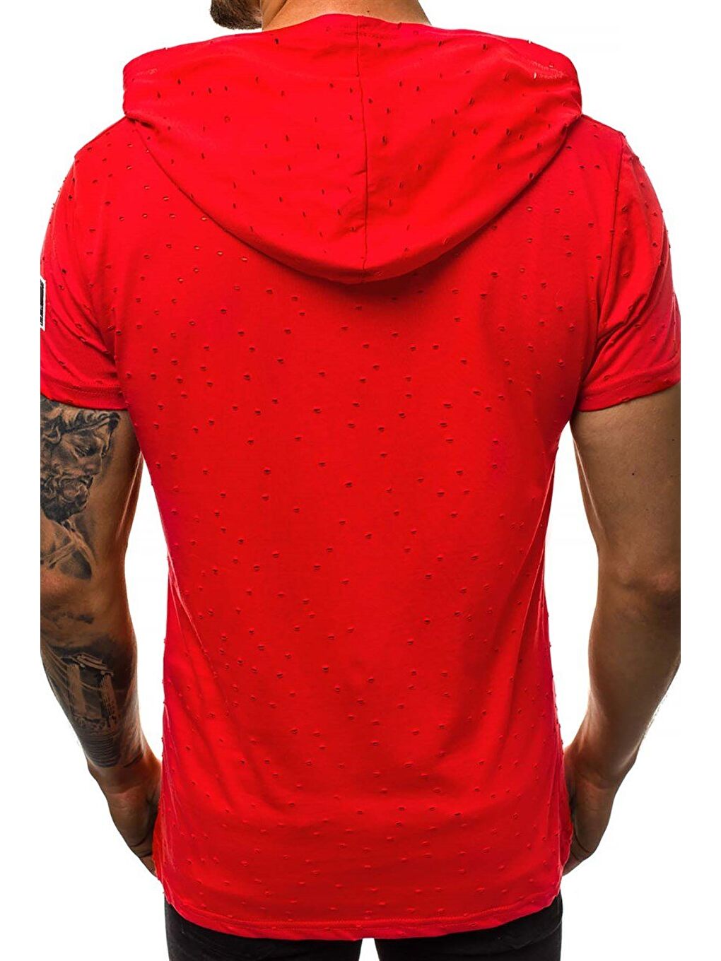 Yırtık Detaylı Kırmızı Kapüşonlu %100 Pamuk Tişört 3069-3