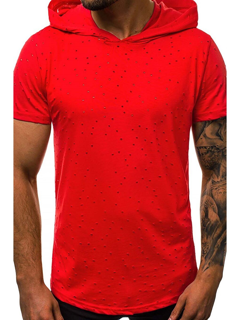 Yırtık Detaylı Kırmızı Kapüşonlu %100 Pamuk Tişört 3069-4