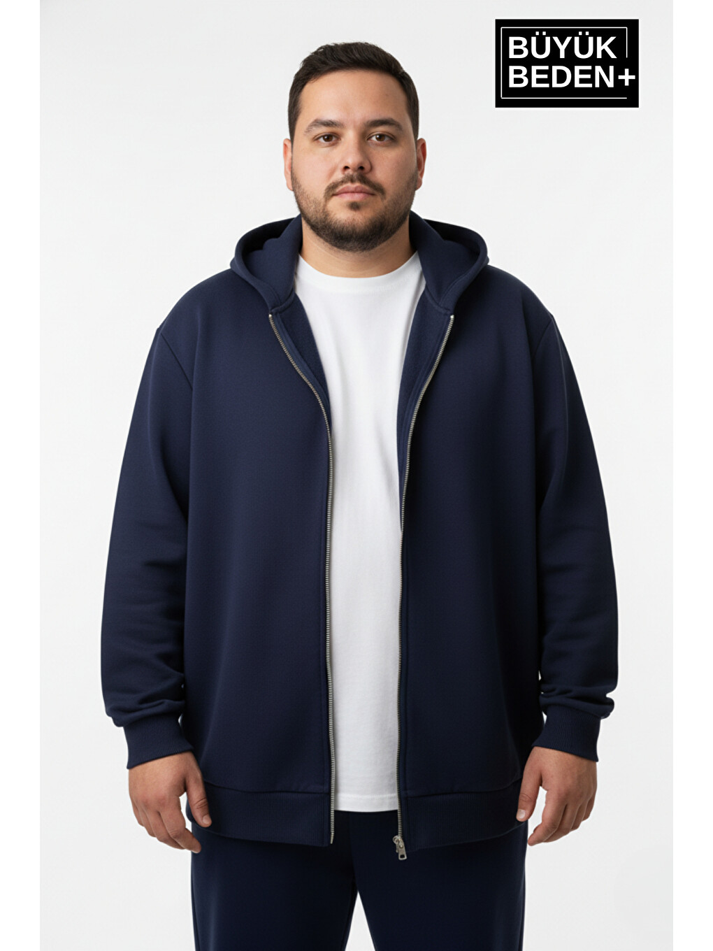 Lacivert Erkek Büyük Beden Fermuarlı Kapüşonlu İnce Sweatshirt Hırka - Rahat Kalıp Spr26bhr960-1