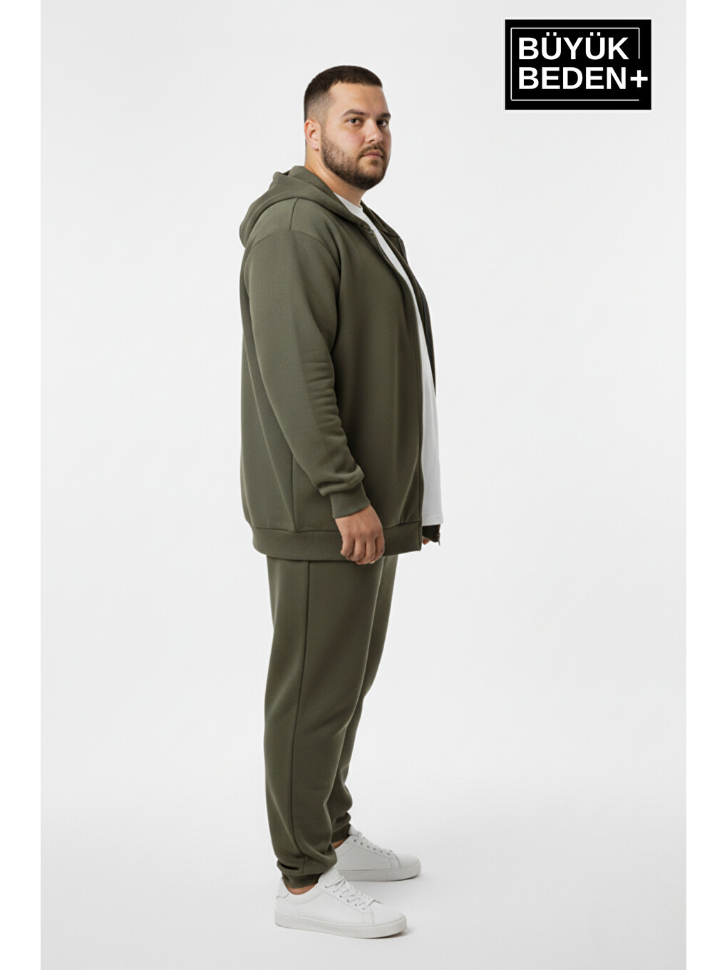 Haki Erkek Büyük Beden Fermuarlı Kapüşonlu İnce Sweatshirt Hırka - Rahat Kalıp Spr26bhr960-1