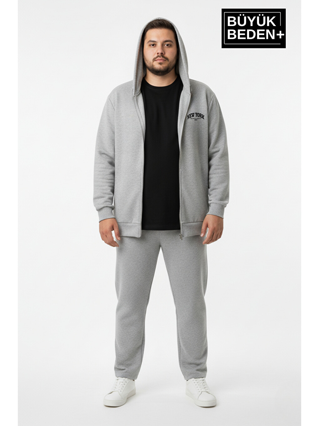 Gri Erkek Büyük Beden Fermuarlı Kapüşonlu New York Baskılı İnce Sweatshirt Hırka Spr26bhr923