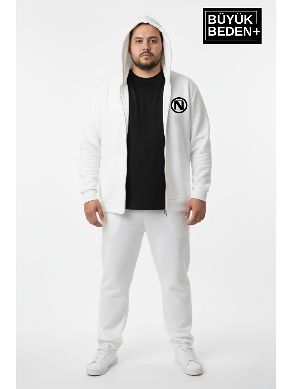 Ekru Erkek Büyük Beden Kapüşonlu Fermuarlı N Baskılı İnce Sweatshirt Hırka Spr26bhr922